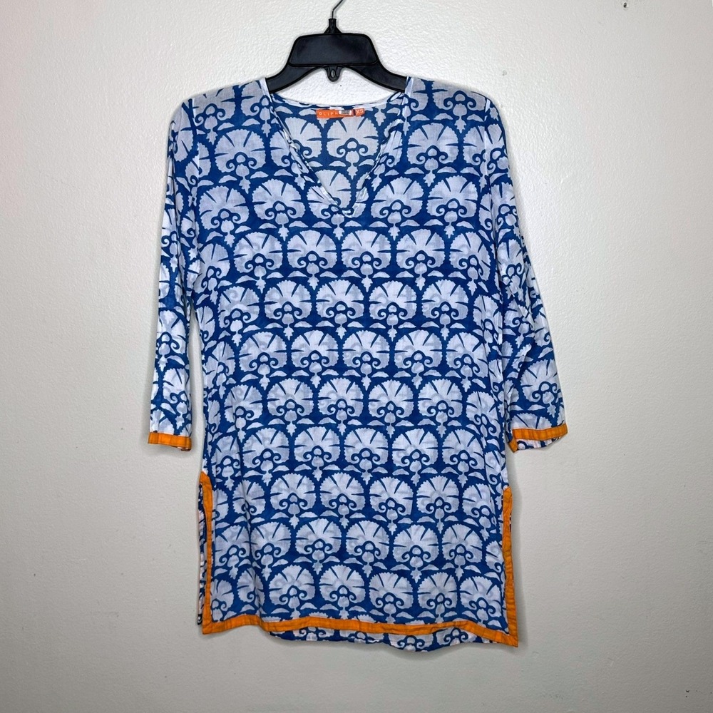 Oliphant Tunic‎ Top Blue White Block Print Cotton V-Neck Orange Trim XS